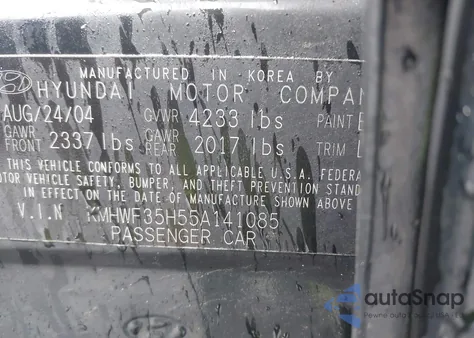 2005 Hyundai Sonata Gls/Lx z USA, uszkodzony, nr VIN KMHWF35H55A141085